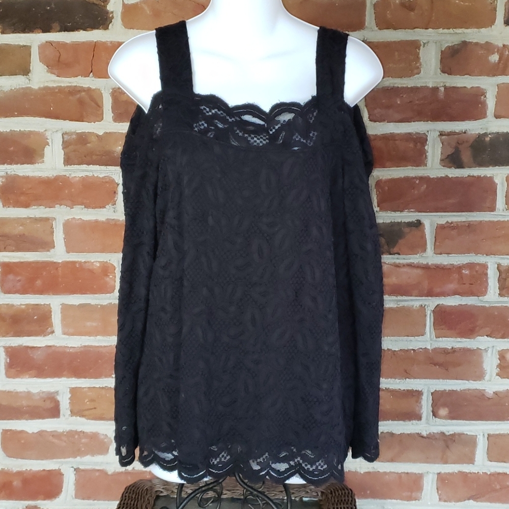 Chico's Black Lace Cold Shoulder Long Sleeve Top